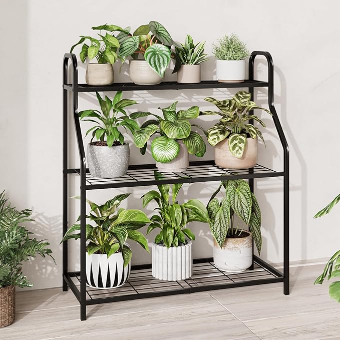 Plant Stand Outdoor 3 Tier Plant Stand Metal Plant Stands Waterproof Plant Holder Rack for Indoor Use Robust Flower Stand Plant Shelf for Living Room Balcony Garden Black