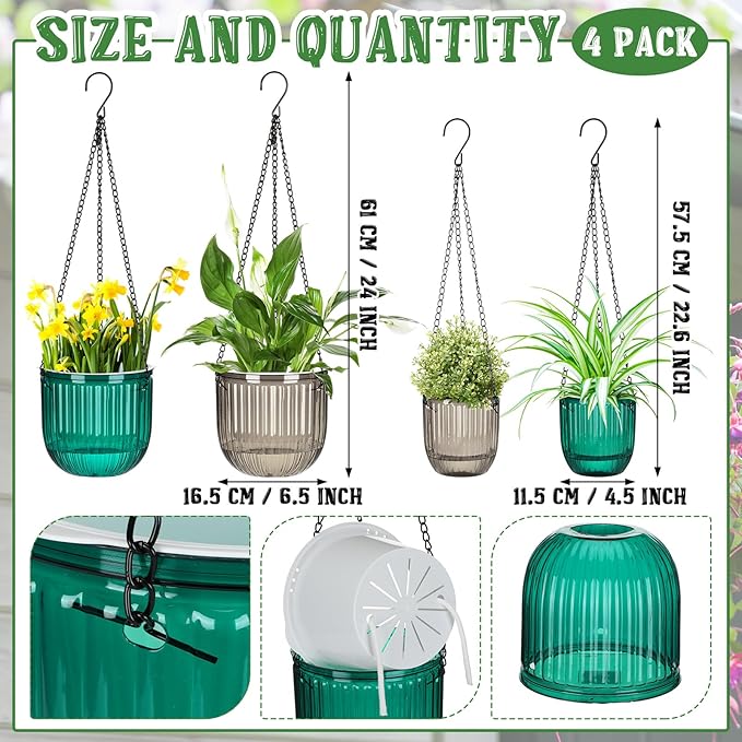 Maxcheck 4 Pcs Self Watering Hanging Planters Indoor Gift 6.5'' 4.5'' Hanging Flower Pots Baskets Outdoor Self Watering Plant with 3hooks Drainage Holes for Home(Emerald,Grey)