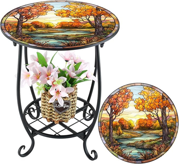 Outdoor Side Table Round Small Mosaic Patio Accent Indoor End Plant Coffee Tea Table for Yard Patio Porch Garden Living Room, Bedroom(Fall Style,14 Inch)