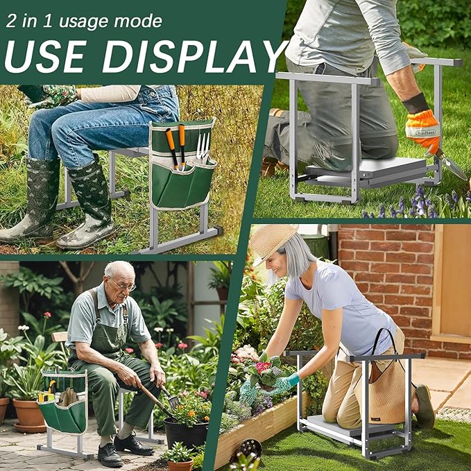 FLINTER Garden Kneelers Seat, Stable and Save Tip-Resistant Design 10.2" Wider Garden Kneeler and Seat with Handle, Heavy Duty Gardening Stool for Seniors, Gardening Weeding Bench for Parents - Gray