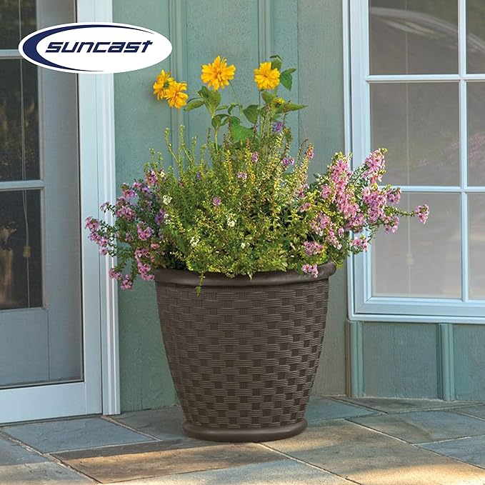 Suncast 4 Pack Sonora 18 Inch Lightweight Durable Plastic Wicker Decorative Flower Planter Pot for Yard, Garden, Indoor or Outdoor Use, Brown