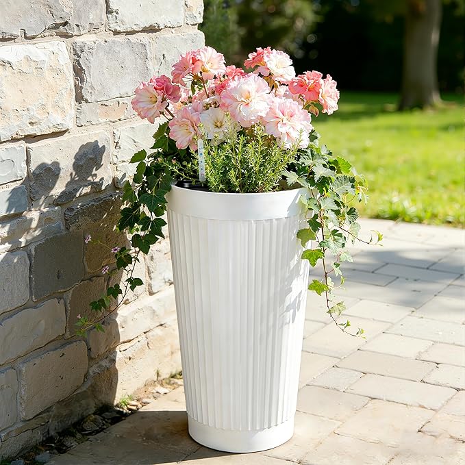 24” Tall Outdoor Planters Set of 2, Self Watering Flower Pots White Planters for Outdoor Plants, Modern Plastic Tall Planter for Front Porch, with Drainage Hole (Ribbed)