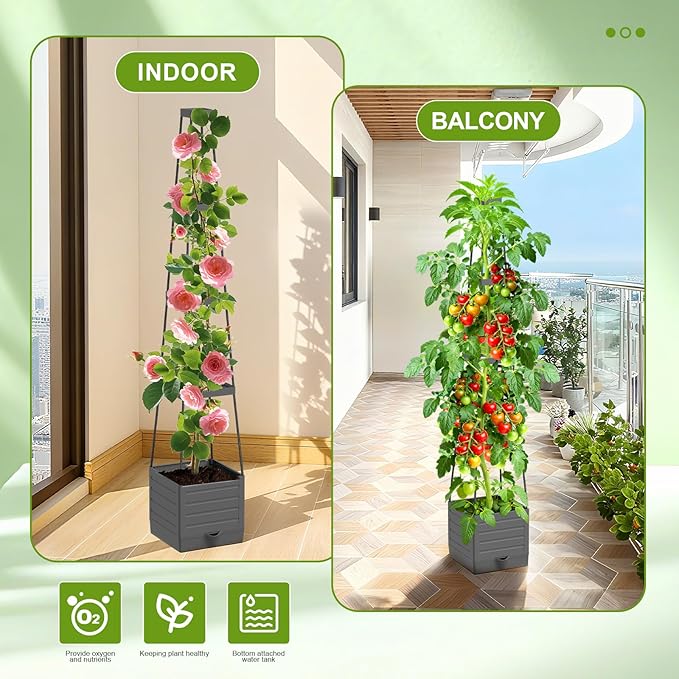 2 Pack Raised Garden Bed Tomato Planter with Trellis, 57" Tomato Cage Plant Support Planters, Self-Watering Planter for Tomatoes Climbing Plants Vegetable Vine Flowers Outdoor & Indoor