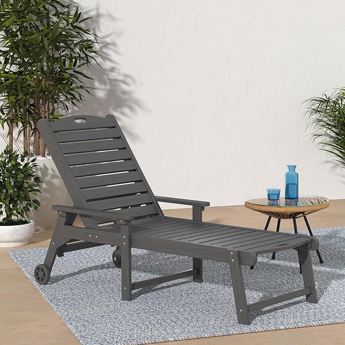 LUE BONA Outdoor Chaise Lounge Chairs Set of 4, HDPS Chaise Lounger, 5 Positions Adjustable Lounge Chairs, Pool Lounge Chair with Wheels for Poolside, Dark Gray