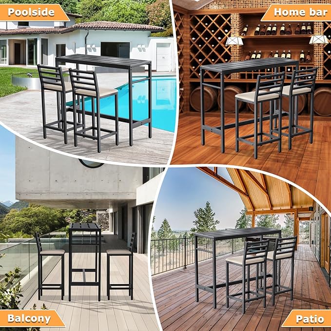 Outdoor Patio Bar Set 3 Piece,50" Rectangular Counter Height High Top Bar Tables, 2 Cushioned 41" Bar Stools, Metal Bar Table and Chairs Set for Poolside, Balcony, Backyard, Porch