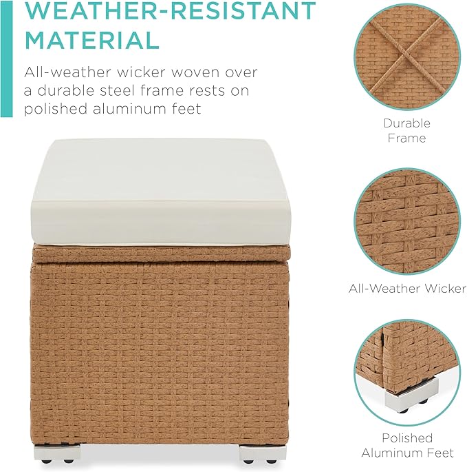 Best Choice Products Set of 2 Wicker Ottomans, Multipurpose Outdoor Furniture for Patio, Backyard, Additional Seating, Footrest, Side Table w/Storage, Removable Cushions - Natural/Ivory