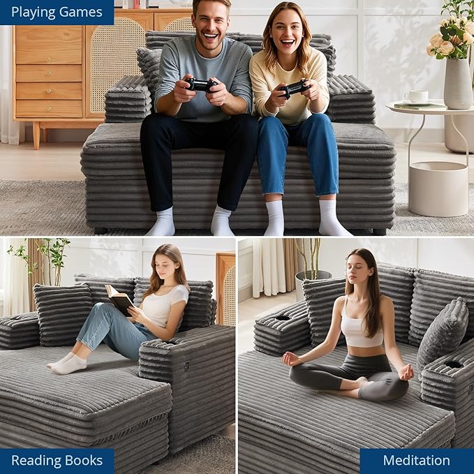 GarveeHome 60-inch Oversized Chaise Lounge Chair Indoor, Comfy Corduroy Lounge Sofa with Charging Station, Cup Holders & Throw Pillows, Cozy Sleeper Couch for Living Room Apartments, Grey