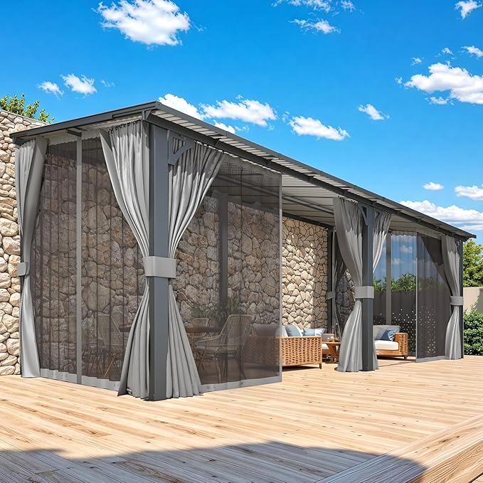 AECOJOY 20' x 8' Outdoor Gazebo Pergola with Curtains and Netting, 8'x20' Large Wall-Mounted Hardtop Lean to Gazebo Shelter Pergolas and Gazebos Clearance with Patio Roof, Heavy Duty Metal Awnings