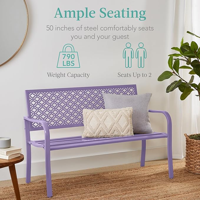 Best Choice Products Outdoor Bench 2-Person Metal Steel Benches Furniture for Garden, Patio, Porch, Entryway w/Geometric Backrest, 790lb Capacity - Lavender
