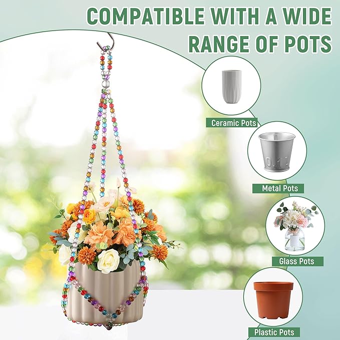 1Pack Glass Beaded Plant Hanger Indoor,Rainbows Hanging Planters for Outdoor Plants,Colored Macrame Plant Hanger,Boho Handmade Farmhouse Rustic Decor,17 Inch(Pot Not Included)