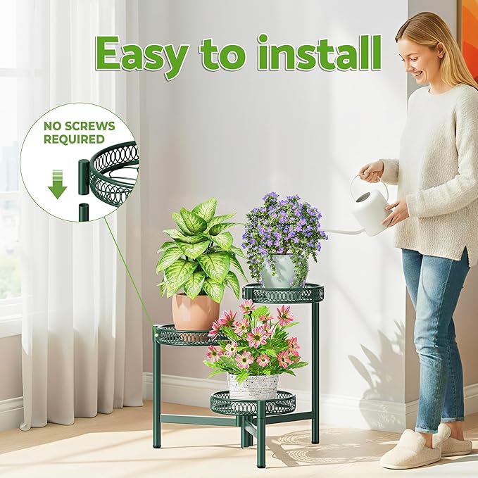 Plant Stand Indoor Outdoor, 3 Tier Corner Metal Flower Display Holder Shelf, Folding Tall Plant Rack for House Patio Balcony Porch Garden Living Room, Heavy Duty Anti-Rust Wrought Iron - GreenFlower