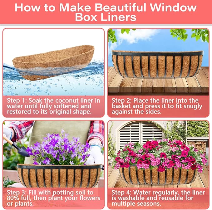 Legigo 2 Pack Trough Coco Liner for Planters- 24 Inch Window Box Liners Coconut Coir Basket Liners, Planter Box Coconut Liner for Window Flower Box Pots, Fence Trough Planter, Wall Planter Basket