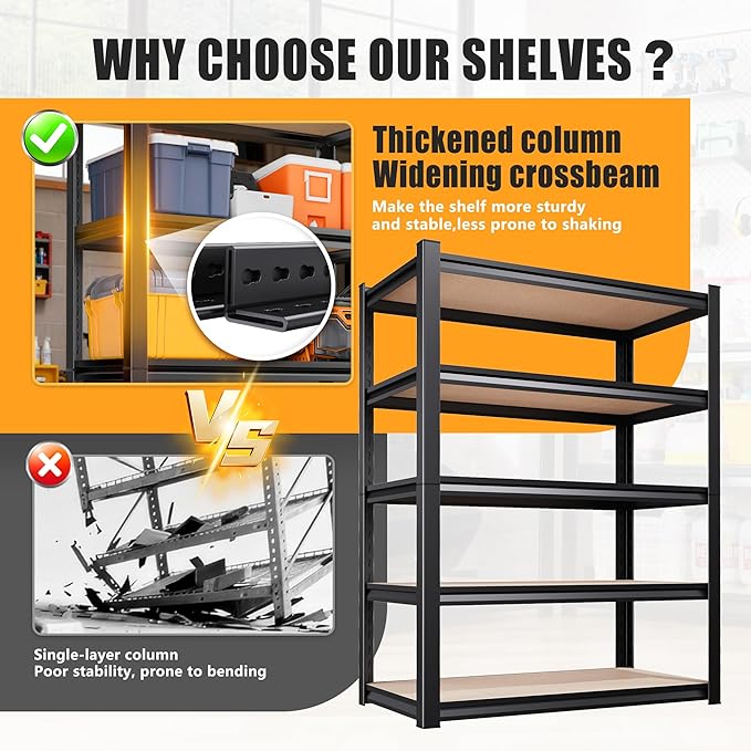 71.2" H Garage Shelving Heavy Duty Storage Shelves, Metal Adjustable Shelving Unit, Utility Garage Organizer Shelf for Basement, Pantry, Kitchen, Warehouse, 31.5" W x 13.8" D x 71.2" H, Black