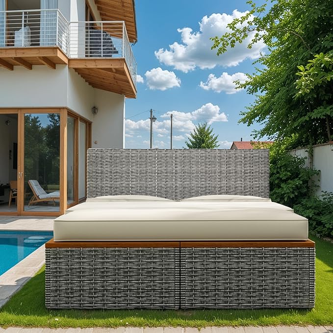 Flamaker Outdoor Rattan Daybed with 2 Side Tables, Multifunctional Wicker Patio Sofa with Storage Ottoman, Cushions, Sunbed Wicker Furniture Chaise Lounge Chair for Backyard Porch Poolside(Beige)