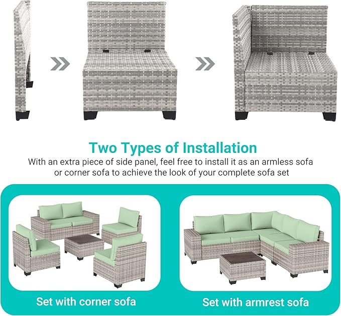 6-Piece Outdoor Patio Furniture Set Wicker Sectional Sofa Set, Patio Conversation Set with Thickened Cushions & Coffee Table for Garden, Backyard, Poolside, Light Green