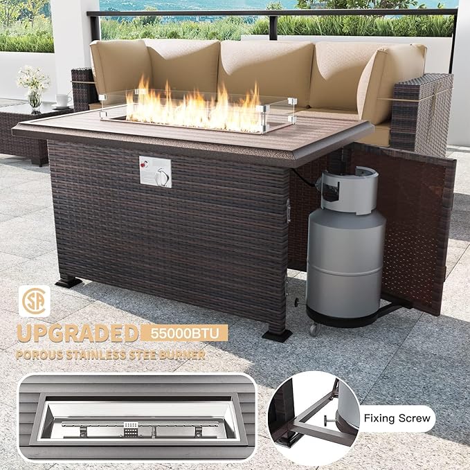 Kullavik 13 Pieces Outdoor Patio Furniture Set with 43" 55000BTU Gas Propane Fire Pit Table PE Wicker Rattan Sectional Sofa Patio Conversation Sets,Khaki