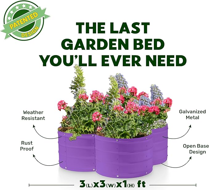 Plant & Plot Galvanized Raised Garden Beds Outdoor // 3×3×1 ft Planter Raised Beds for Gardening, Vegetables, Flowers // Large Metal Garden Box (Purple) // Patented Tool-Free Design