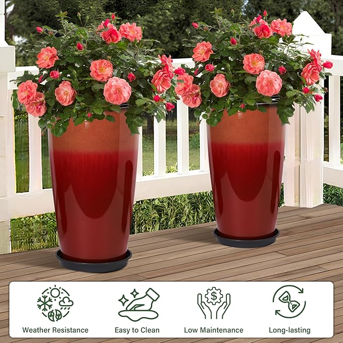 Set of 2 Lightweight Ceramic-Look Tall Planter, 21 inch Large Plastic Planter with Drain Hole & Saucers, Large Outdoor Planters for Porch, Garden, Patio, Balcony(Fiery Red)