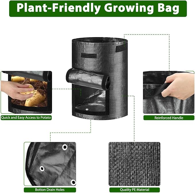 JJGoo Potato Grow Bags, 4 Pack 10 Gallon with Flap and Handles Planter Pots for Onion, Fruits, Tomato, Carrot - Black