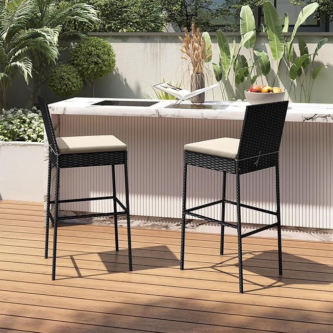 HAPPYGRILL Wicker Patio Barstools Set of 2, Outdoor Rattan Bar Chairs with Footrest & Backrest, Armless High Top Chairs with Seat Cushions for Backyard, Balcony