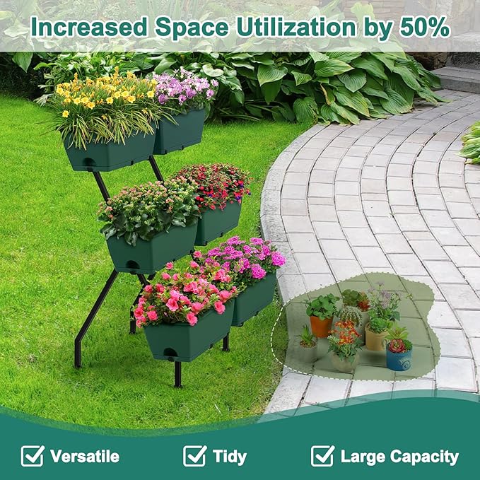 2 Column Vertical Raised Garden Beds, 6 Planter Boxes Standing Garden Bed Outdoor/Indoor Herb Garden Tiered Planter with Drainage Holes & Removable Trays for Flowers/Vegetables/Plants (Green)