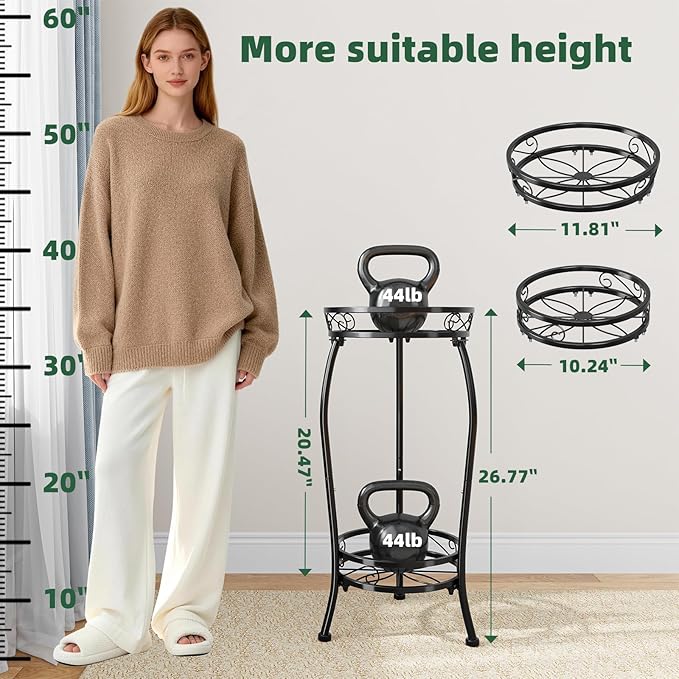 Simple Trending Plant Stand Indoor Outdoor, Tall Round Plant Shelf, 2 Tiers Metal Flower Pot Holder Stand Heavy Duty, for Garden, Balcony, Black