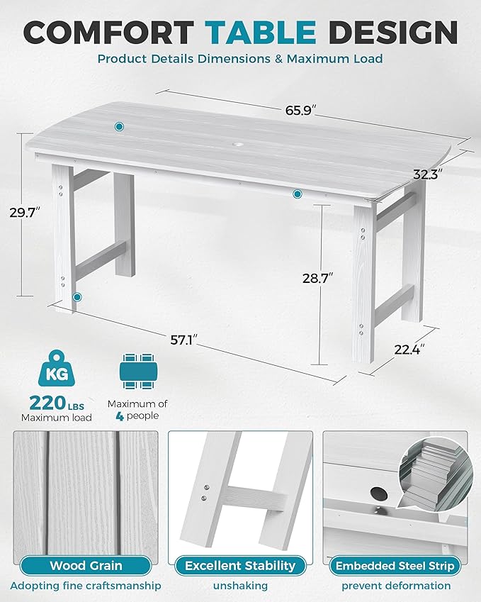 Ciokea HDPE Outdoor Dining Set, 5-Piece Patio Table and Chairs Set with Umbrella Hole, All-Weather Patio Dining Sets for 4, Durable Patio Furniture for Backyard, Garden, Lawn & Poolside, White