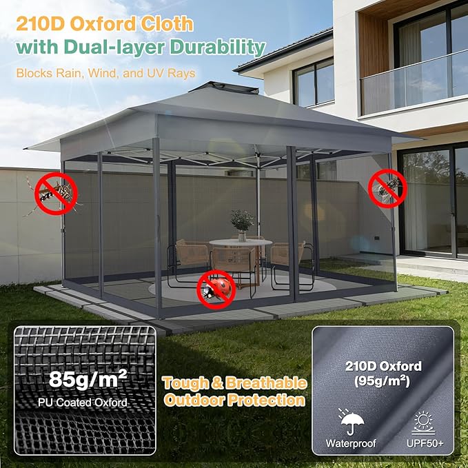 C0BIZI Gazebo 10x15 Pop up Canopy,Gazebos on Clearance-Canopy Tent with Mosquito Netting for Lawn,Garden,Backyard & Patio-Outdoor Tent-Water Resistant and UPF50+ (Gray)
