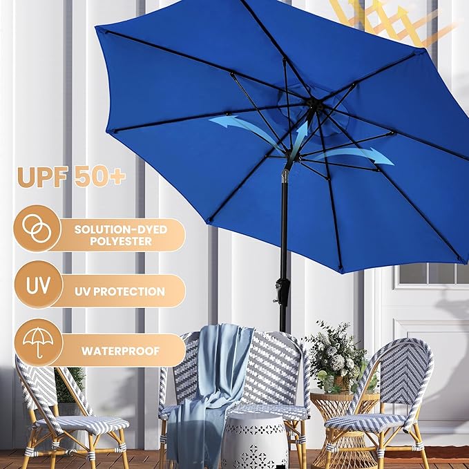 Ayge 9FT Large Outdoor Patio Umbrella Market Table Umbrella-UV Resistant, Easy Push Button Tilt and Crank, 8 Sturdy Fiberglass Ribs Heavy-Duty Pool Umbrella for Deck, Backyard,Garden,Blue