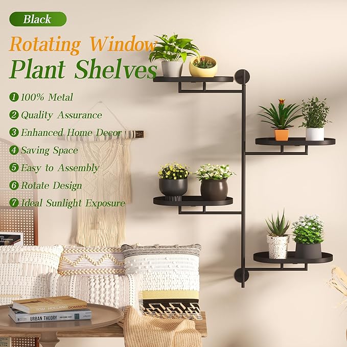 Window Rotating Plant Stand Shelf Indoor Black Metal Floating Shelves 4-Tier Wall Mount Plant hanger Holders for Wall Planter Modern Home Decor window sill gifts