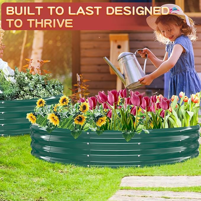 Durable Round Galvanized Steel Raised Garden Bed for Planting,Round Galvanized Steel Fire Ring/Fir Pit for Outdoor- 6×6×1FT,0.8MM Thick (Dark Green, 72 ins Diameter x 12 ins high)