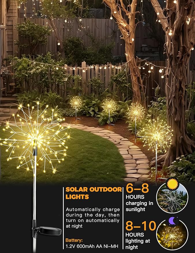 suddus Solar Garden Lights Outdoor Waterproof Decorative, 4Pack 150LED Firework Lights, Solar Fairy Lights for Yard, Garden, Party, Patio, Pathway, Flowerbed, Wedding - Warm White