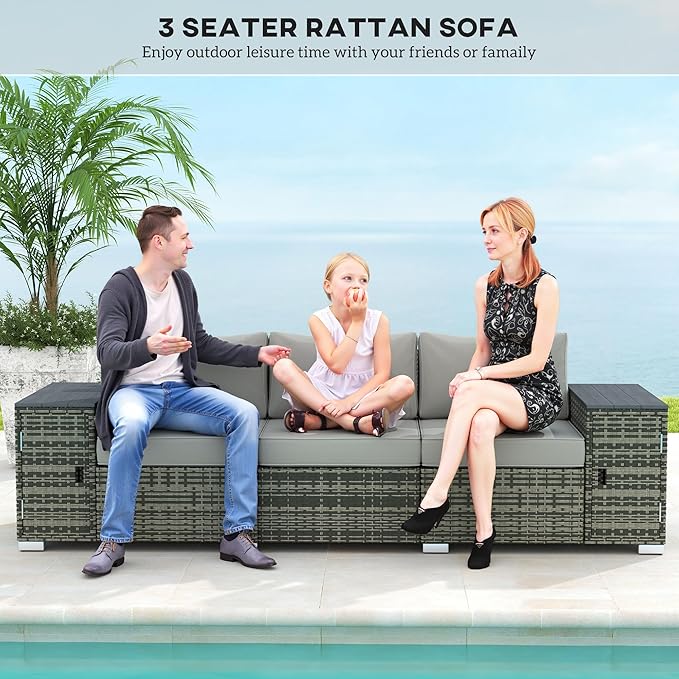 Outsunny 3 Seater Wicker Sofa with 2 Storage Side Tables and Thickened Cushions, Rattan Outdoor Patio Sofa with Wide Armrests, Wicker Outdoor Couch for Porch, Garden, Backyard, Gray