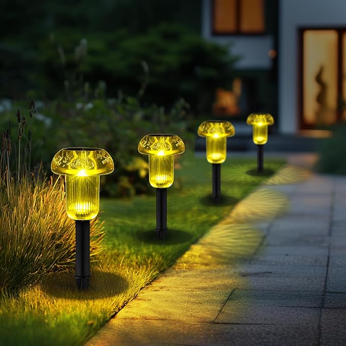 Easter Solar Pathway Lights Outdoor Decorative 4 Pack, Yellow LED Mushroom Solar Lights Outdoor Waterproof Solar Powered Decor for Yard Driveway Patio, Valentines Day Halloween Christmas Garden Decor