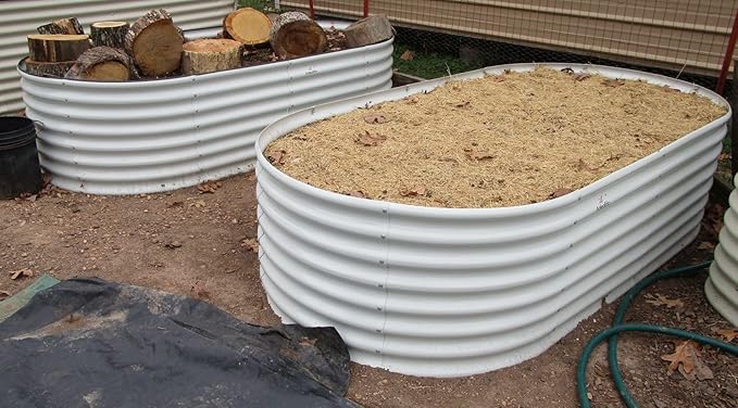 A ANLEOLIFE 7-Set 8X4X2 ft Galvanized Raised Garden Bed Kit, Oval Metal Deep Root Planters for Outdoor Plants, Antique White