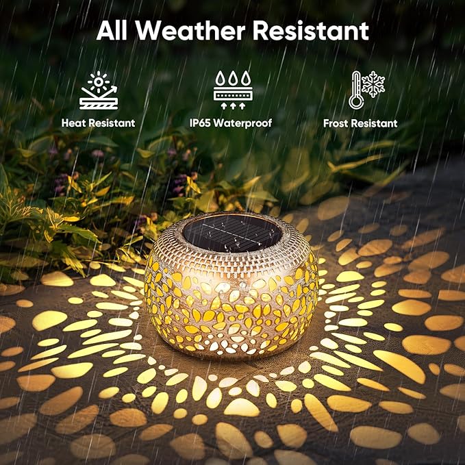 Solar Lanterns Outdoor Waterproof: 2 Pack White Gold Hollow Out Metal Solar Lights - 2 Lighting Colors Outside Patio Garden Yard Porch Tabletop Decorations - Unique Gifts for Women Mom Wife