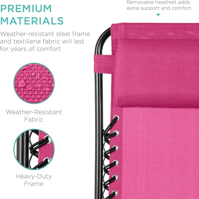 Best Choice Products Set of 2 Adjustable Steel Mesh Zero Gravity Lounge Chair Recliners w/Pillows and Cup Holder Trays - Hot Pink/Black