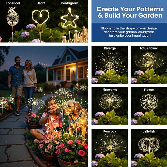 Solar Lights Outdoor, 120LED 8 Pack Fairy Garden Lights Decor for Outside Fireworks Lights Solar Powered for Yard, Patio, Pathway, Walkway, Balcony, Warm White