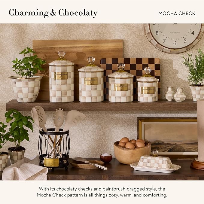 MACKENZIE-CHILDS Flowerpot, Decorative Garden Pot for Growing Plants, Brown-and-White Mocha Check