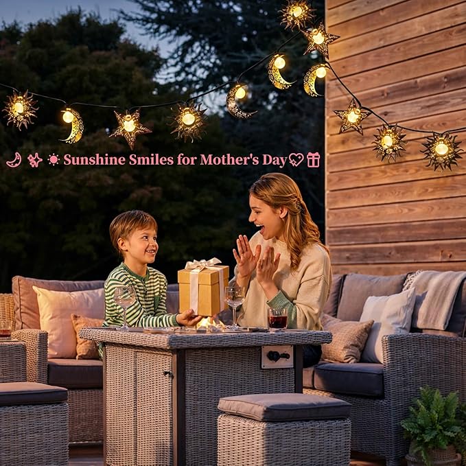 Beautyard Solar String Lights Outdoor Star Moon Sun 13Ft 153In Led Solar Powered Decorative Lights for Garden Patio Yard Trees Mothers Birthday Gifts Party (Warm White) (Star Moon Sun String Lights)