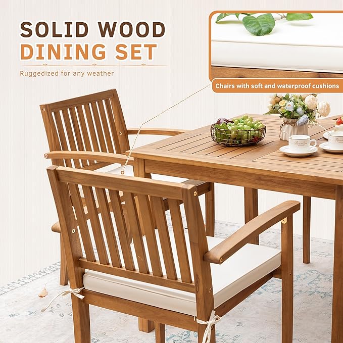 Greesum 5 Piece Patio Dining Set Outdoor Solid Wood Furniture for Yard, Garden, Porch w/Square Tabletop & 4 Chairs, White