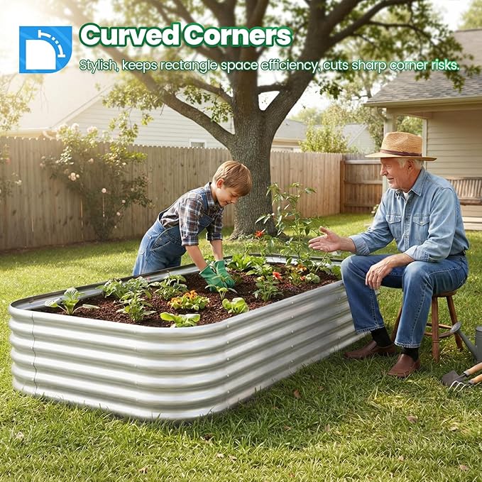 Quictent Raised Garden Bed Kit Oval Galvanized Metal Planter Box Tall for Vegetables Outdoor Backyard, Strengthened by Crossbar, Silver 8x4x1.5 ft