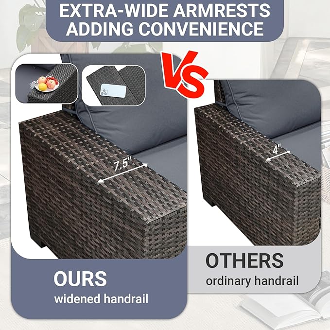 Jing's Villa 8-Piece Patio Furniture Set, All-Weather Outdoor Wicker Sectional Sofa with Cushions, Glass Table & Left and Right Armrest, Rattan Conversation Seating for Porch, Garden, Backyard,Grey