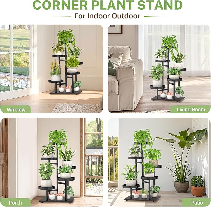 iDavosic.ly 5 Tier Plant Stand Indoor, Tiered Corner Metal Wood Multiple Flower Holder Shelf, Tall Orchid Display Rack for Patio Porch Living Room Balcony Outdoor, Black Walnut