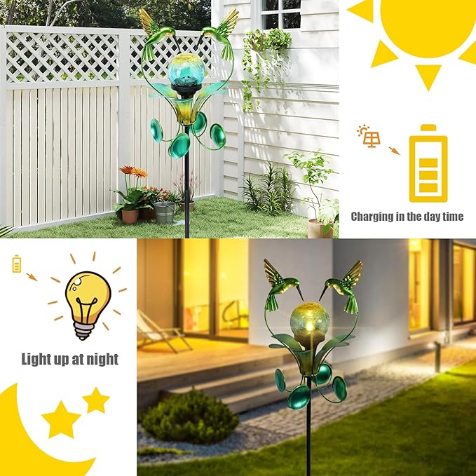 Solar Lights Outdoor Metal Garden Stake Waterproof Crackle Glass Globe Garden Decor Green Hummingbird for Pathway, Lawn, Patio, Yard