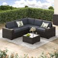 Jing's Villa 6-Piece Patio Furniture Set, All-Weather Outdoor Wicker Sectional Sofa with Cushions, Glass Table & Left and Right Armrest, Rattan Conversation Seating for Porch, Garden, Backyard,Grey