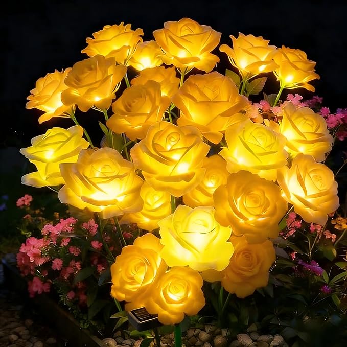 Solar Rose Lights Outdoor,2 Pack Waterproof Color Changing LED Flower Lights, with 12 LED Flowers, Solar Powered Garden Stakes for Yard, Patio, Artificial Floral Decorative Lighting, Yellow