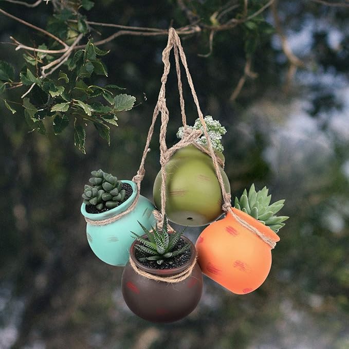 Yesland Ceramic Hanging Mini Flower Planters, Wall or Ceiling Mount - Dangling Container in Earth Tone Colored for Indoor Outdoor Decor - Set of 4