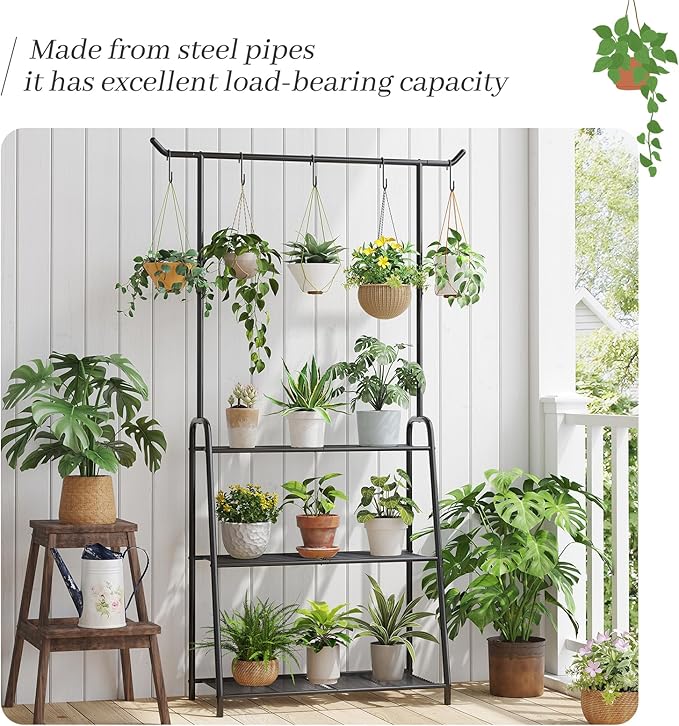 Plant Stand Indoor Outdoor,Metal Plant Stands for Multiple Plants,3 Tier Tall Hanging Plant Shelf,Large Heavy Duty Flower Holder Ladder Plant for Living Room, Patio, Balcony (Black)