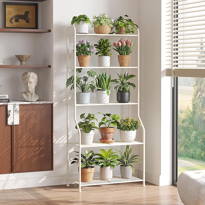 5-Tier Corner Plant Stand, Metal Black Flower Pot Rack, Indoor Outdoor Heavy Duty Shelf (Cream, 5 Tier)